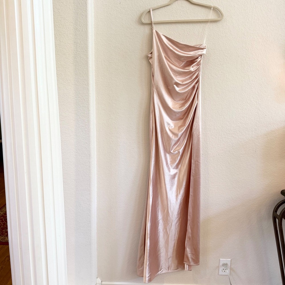 FAERIESTY Womens Champagne Pink Satin One Shoulder Ruched Maxi Dress Slit Small‎
